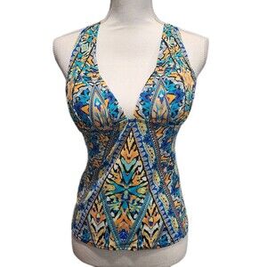 BAR III Monarchy Macrame Back Printed Tankini Swimwear Top size Medium